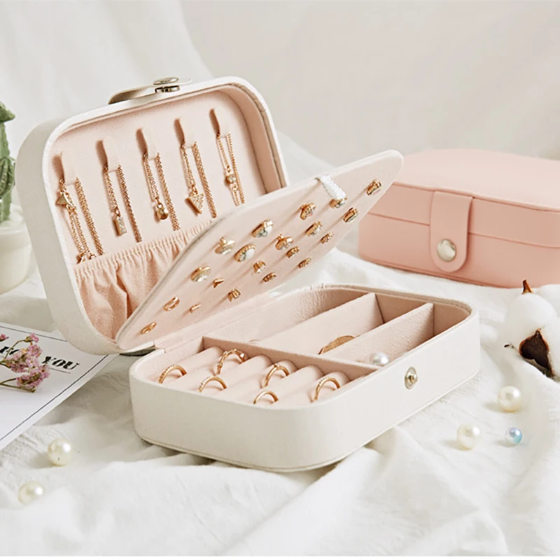

Korean Style Fresh And Simple Girl Earrings Plate Jewelry Box Protable Leather Earrings Ring Multi-function Jewelry Storage Box