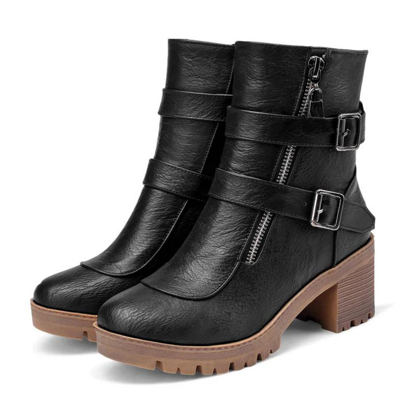 KemeKiss/пикантные женские ботильоны на высоком каблуке; зимняя обувь на молнии; женские ботинки на толстом каблуке с металлической пряжкой; теплые короткие ботинки; размеры 34-43