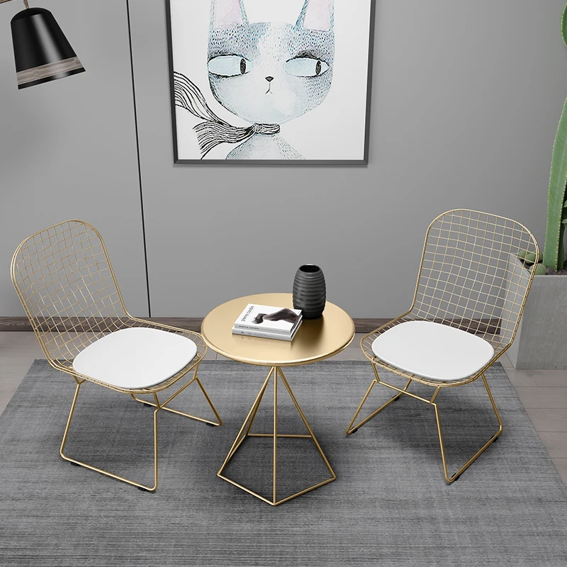 1pc round table + 2pc chair Wrought Iron Coffee Table & Chair Gold/White/Black Balcony Leisure Cafe Weaving Chair Tea Table Set
