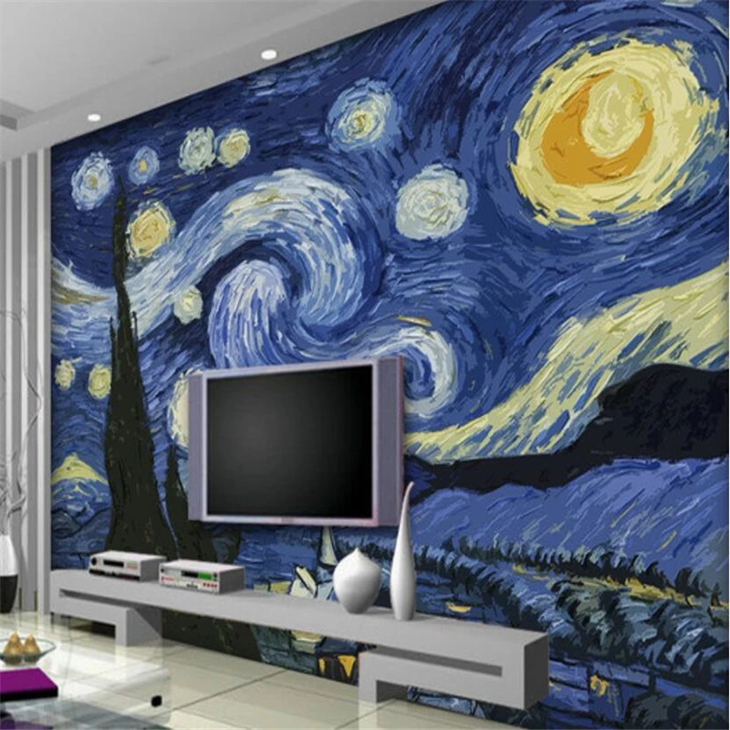 

wellyu papel de parede para quarto Custom wallpaper wood carving effect Van Gogh Star decoration painting background wall