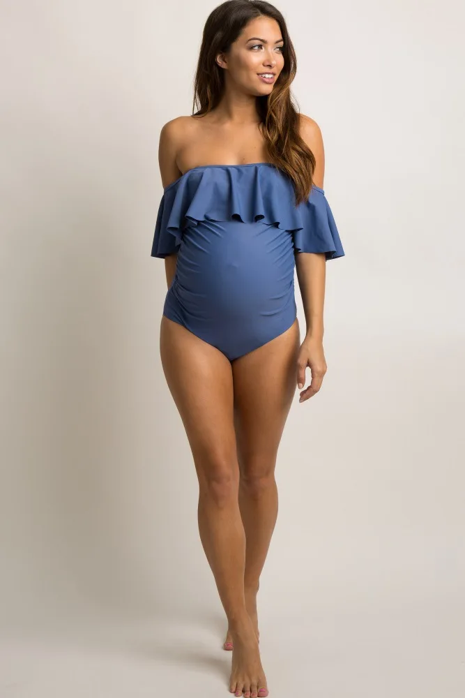 

Sexy Maternity Tankinis Women Solid Ruffled Flounce Bikinis One Piece Halter Pregnant Push Up Bathing Suits Biquini