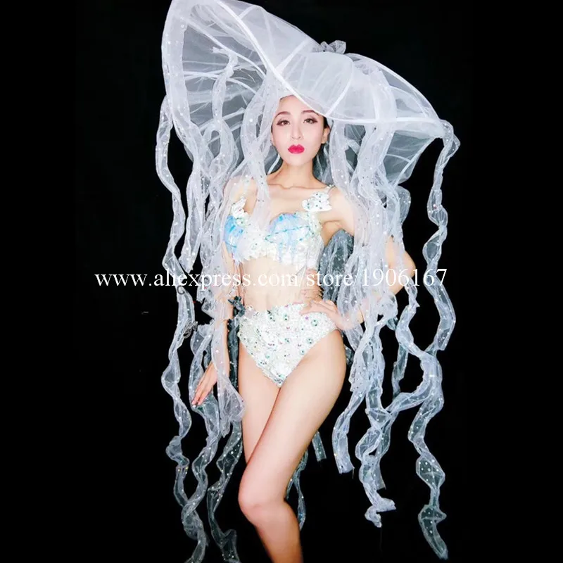 Nightclub bar new LED luminous jellyfish bikini set gogo stage DS costume white suit9