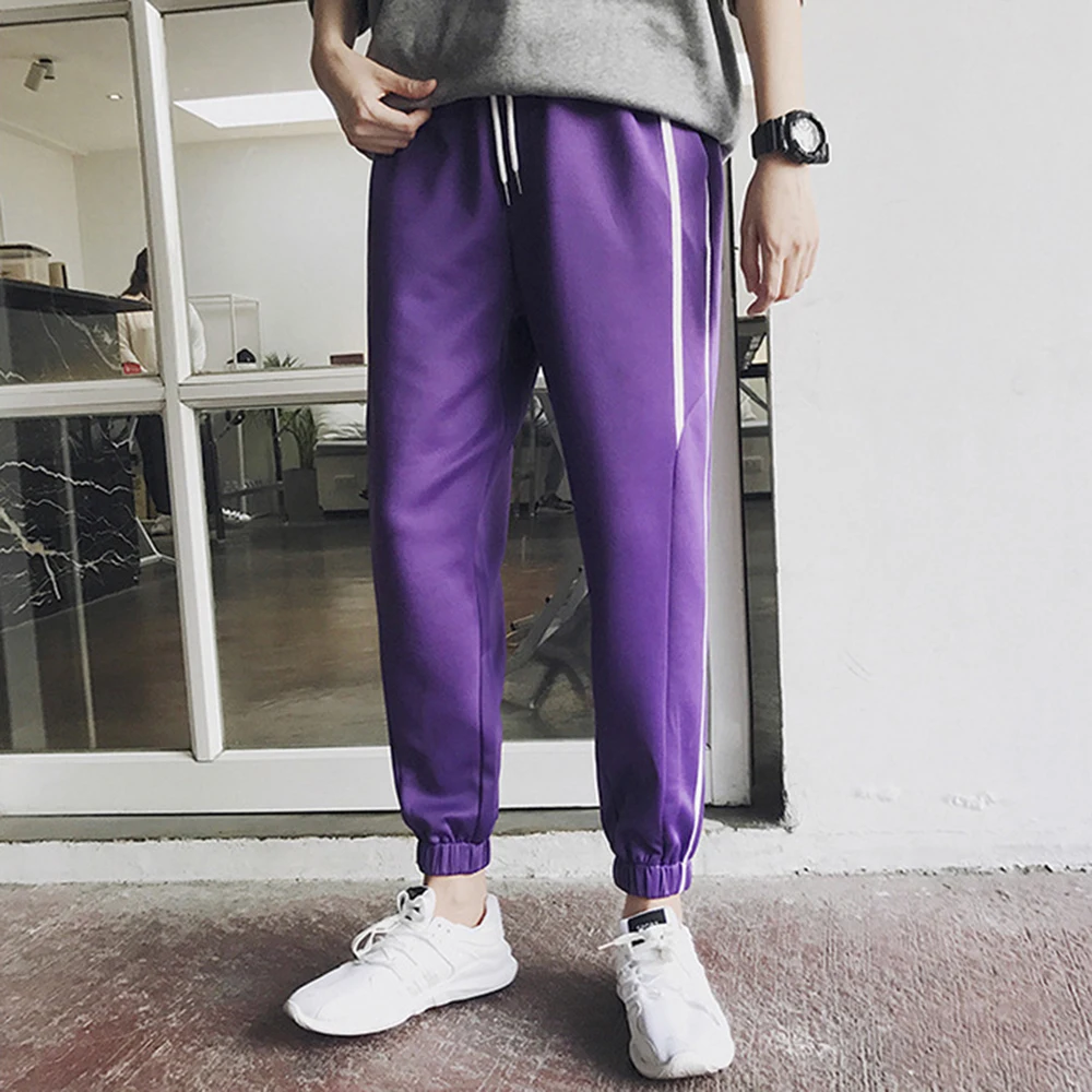 Уличная одежда, штаны-шаровары, Мужские штаны в полоску на молнии, с карманами, спортивные штаны, брюки, осень, модные штаны для бега с эластичной резинкой на талии, спортивные штаны - Цвет: Фиолетовый
