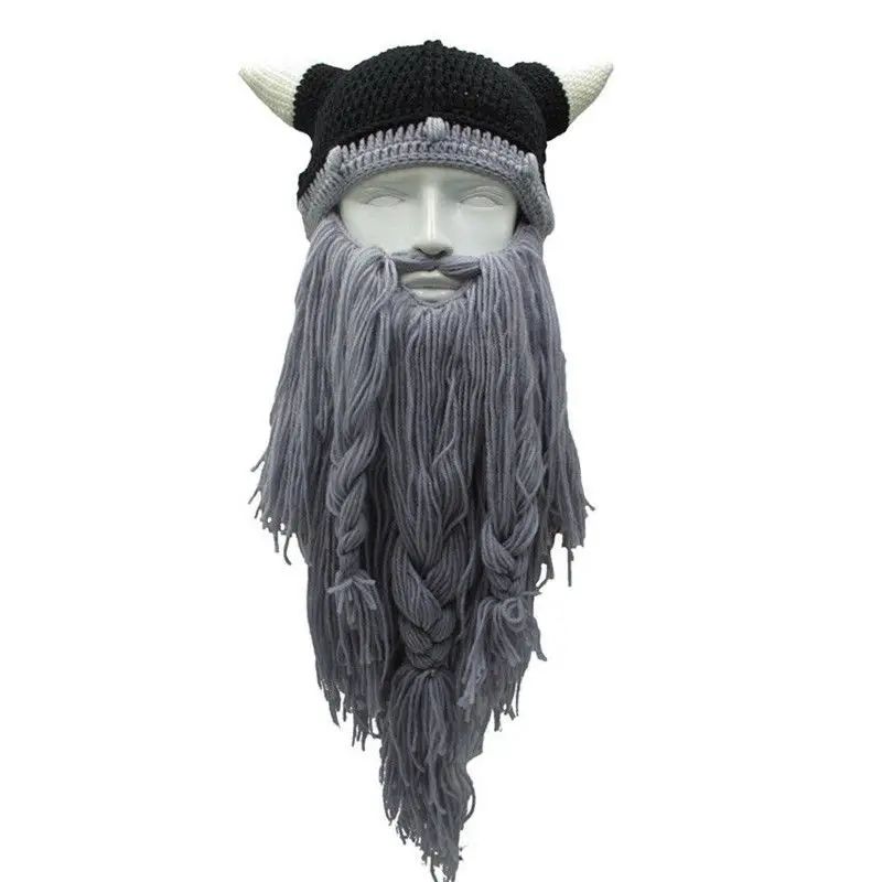 Забавная мужская вязаная шапка для костюмированной вечеринки на Хэллоуин с изображением бороды викингов, лыжная маска, шапка Варвара вагабонда, крутая зимняя теплая шапка унисекс - Цвет: Light grey