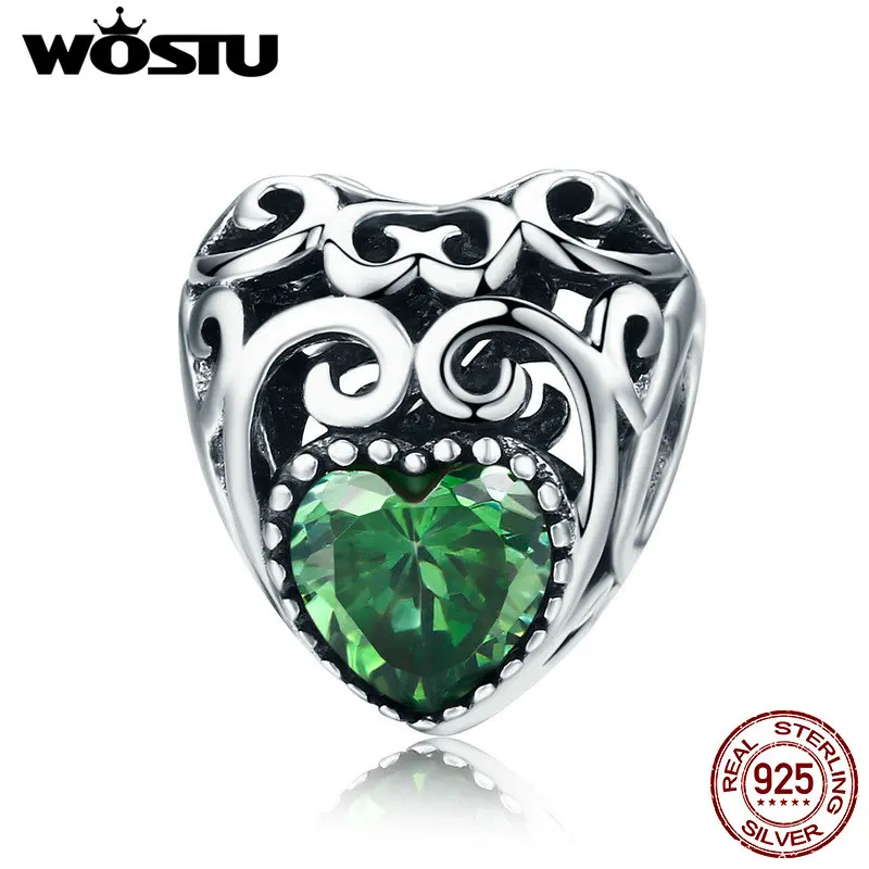 

WOSTU Real 925 Sterling Silver May Birthstone Signature Heart Green CZ Beads fit Original Charm Bracelet Jewelry Gift CQC573
