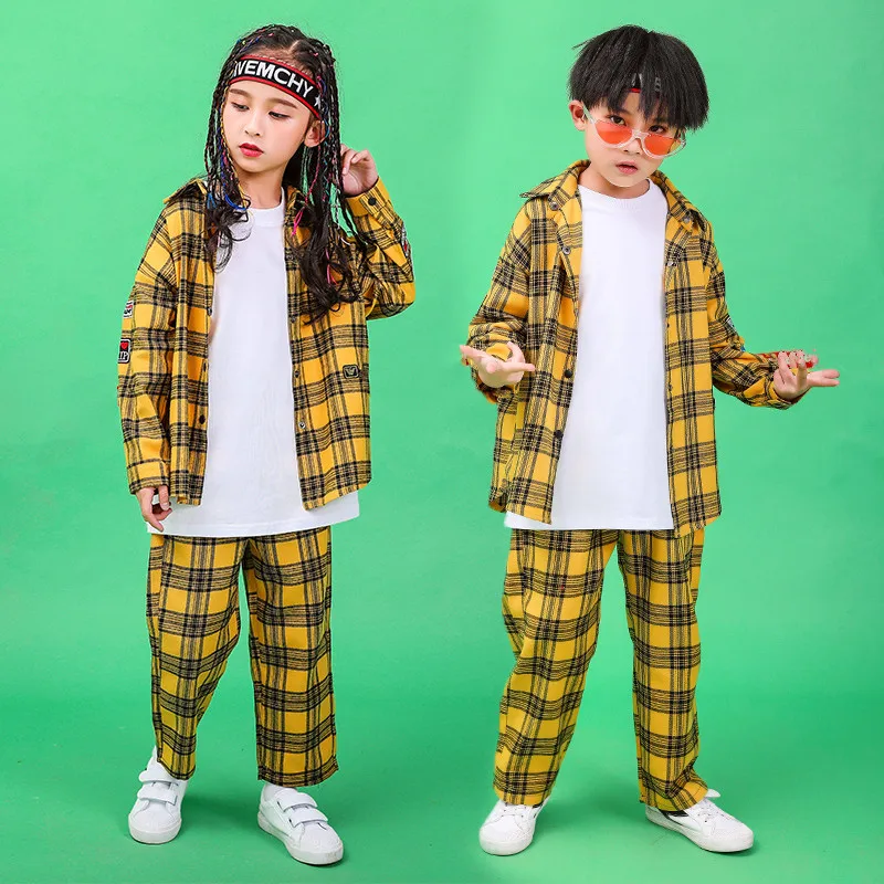 2019 New Children Hip-hop Street Dance Performance Costume Autumn Boys Girls Loose Jazz Dance Show Yellow Plaid Shirt Pants Set (15)