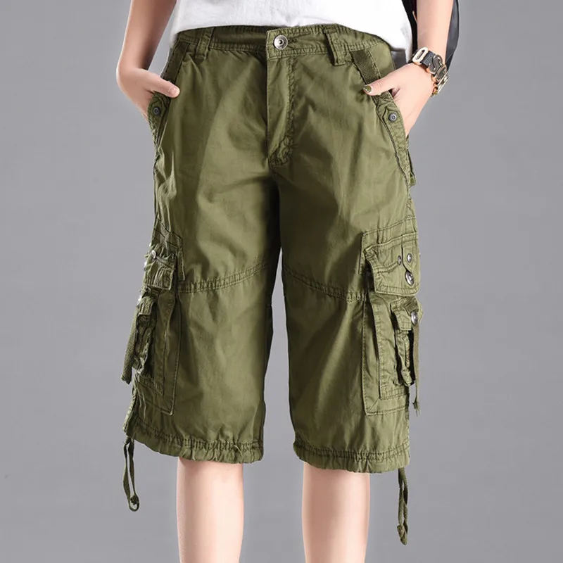 Летние повседневные шорты Карго женские шорты с несколькими карманами до колена женские брюки со средней талией на пуговицах однотонные свободные короткие штаны - Цвет: Армейский зеленый