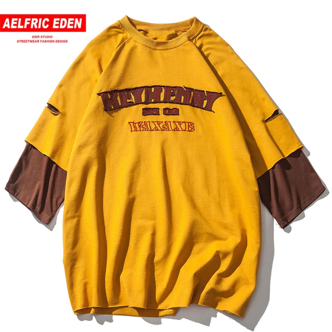 

Aelfric Eden Fake Two Pieces Hip Hop Men T Shirts 2019 Summer Patch Embroidery Harajuku Casual Short Sleeve T Shirts Streetwear