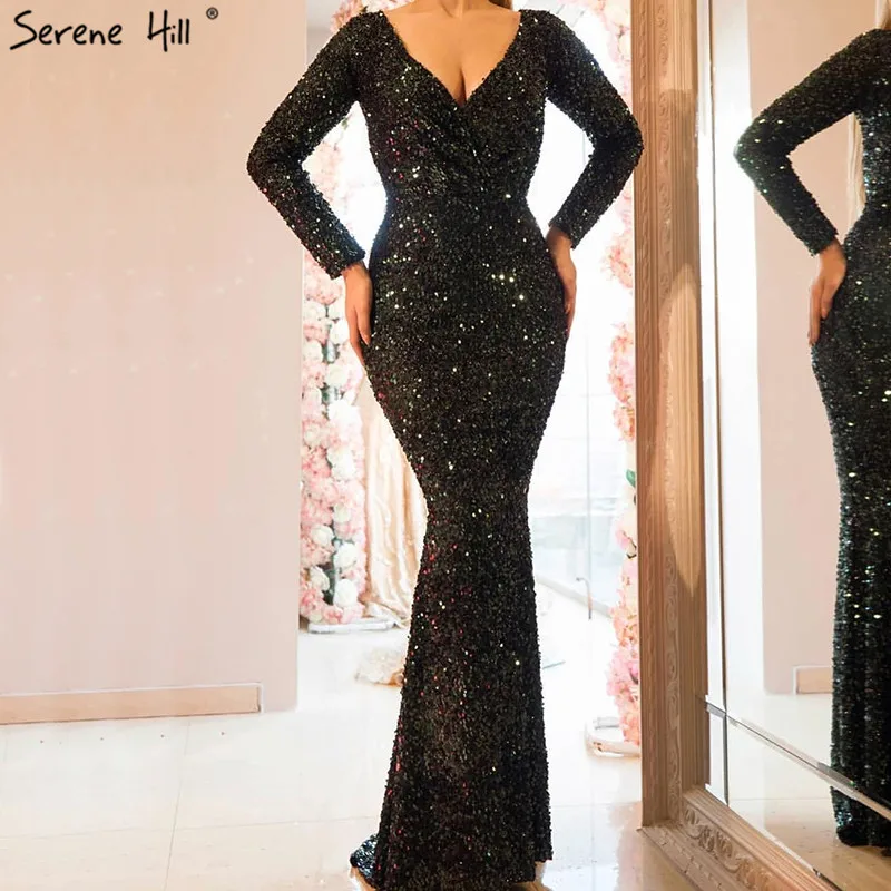 

Black Dubai Long Sleeve Sequined Evening Dresses 2019 V-Neck Luxury Sparkle Evening Gowns Serene Hill LA60852