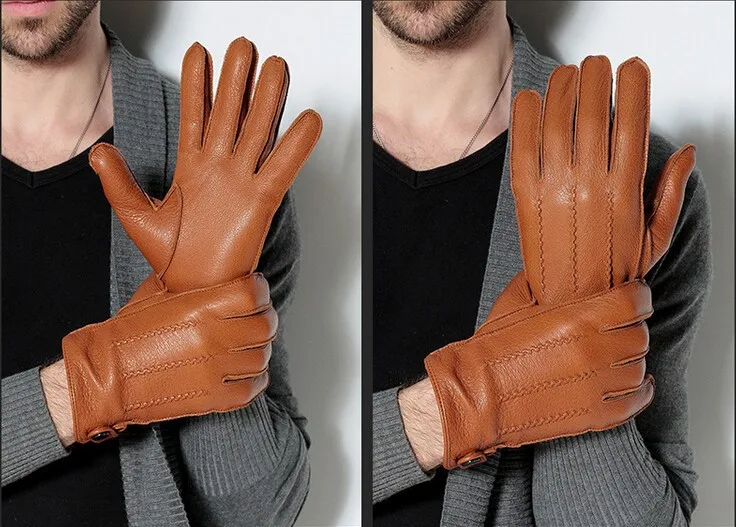 Модные мужские перчатки из оленьей кожи, мужские зимние вязаные теплые перчатки для вождения