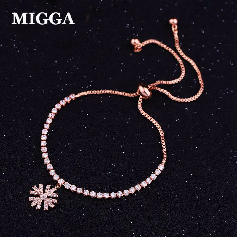 

MIGGA Cute Zircon CZ Crystal Snowflake Pendant Women Bracelet Chain Rose Gold Color Christmas Gift Jewelry