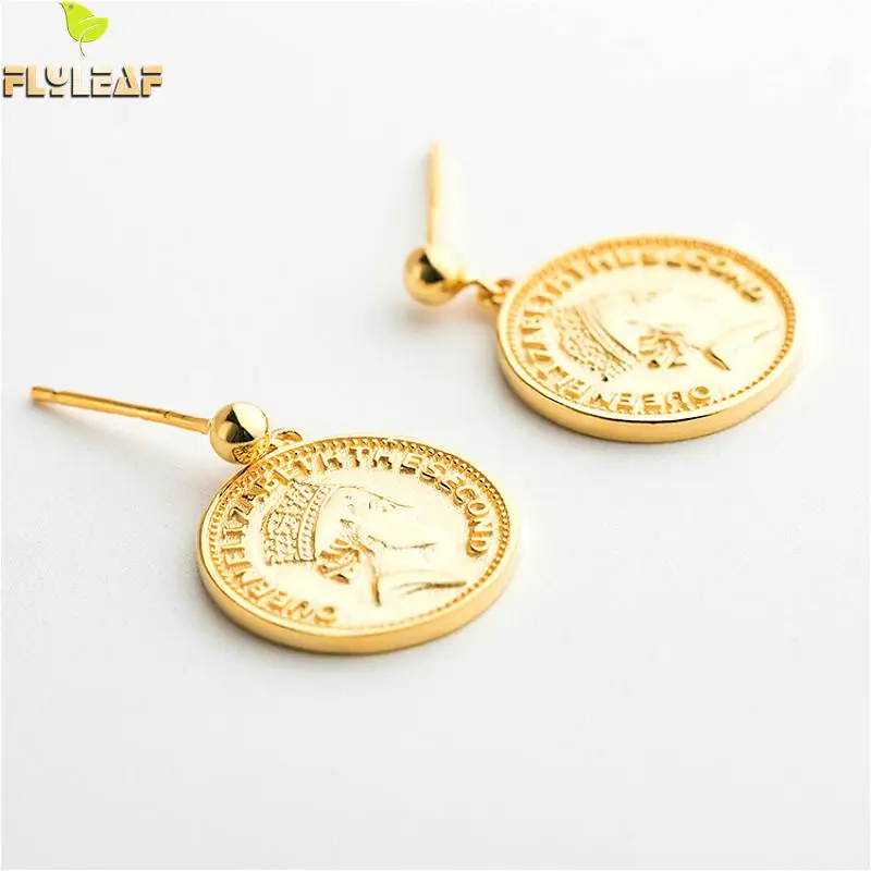 

Flyleaf 925 Sterling Silver Round Coin Letter Portrait Relief Drop Earrings For Women Simple Dangle Earings Fashion Jewelry Gold