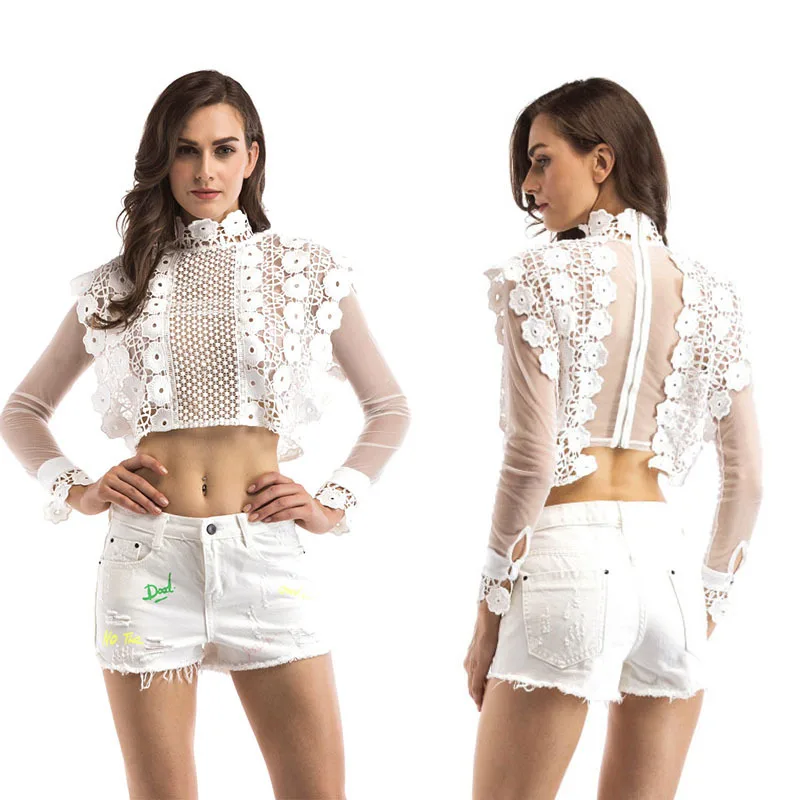 

White Women's Long-sleeved Shirt With Lace Screen Arrival 2019 Round Collar Blusas Peter Pan Short Hollow Outhot Sale New