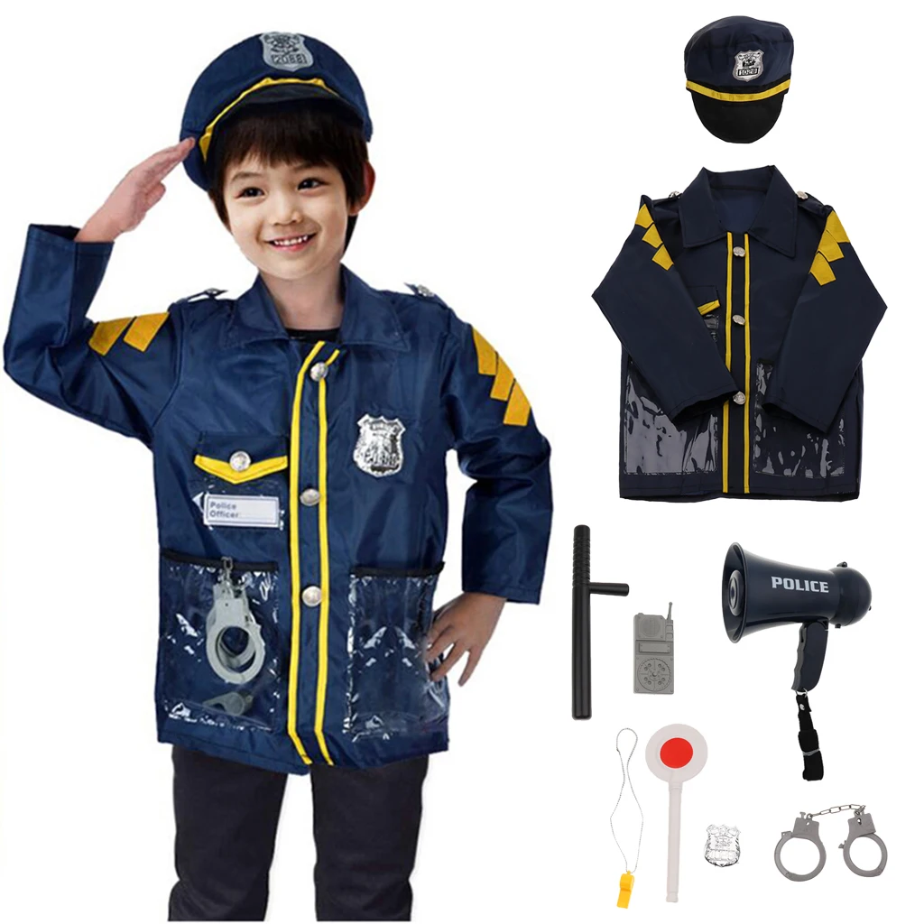9pcs Pretend Police Officer Toy Outfit Clothes Megaphone with Siren Sounds for Fancy Dress Role Playing - Walkie-talkie Hat Accs
