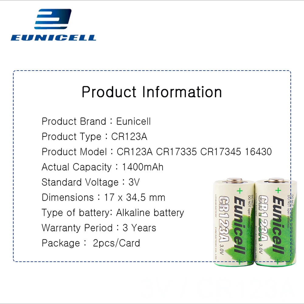 Светодиодный аккумулятор Eunicell 20 шт. 1300 мАч 2/3 А CR123A CR123 CR 123 CR17335 VL123A CR17345 16340 для
