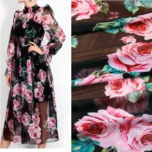 100X145 см романтические розы предохранитель с розовым принтом черная тонкая прозрачная шифоновая ткань для женщин Девушка Летнее Длинное Платье