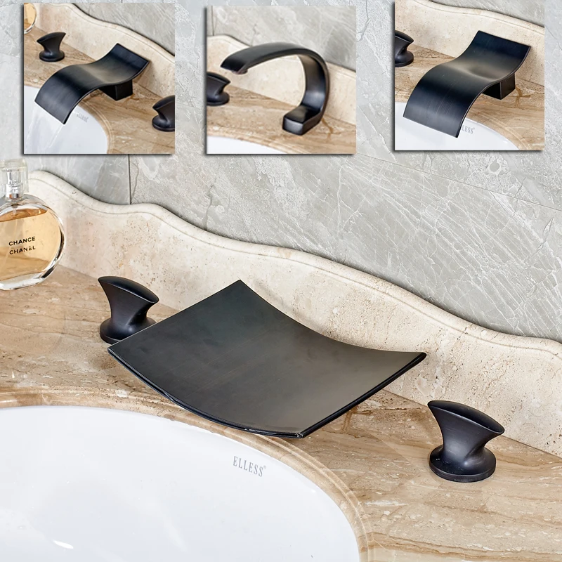 

Oil Rubbed Bronze 2 Handle 3 Holes Widespread Basin Faucet Deck Mounted Black Waterfall Bathroom Mixer Taps