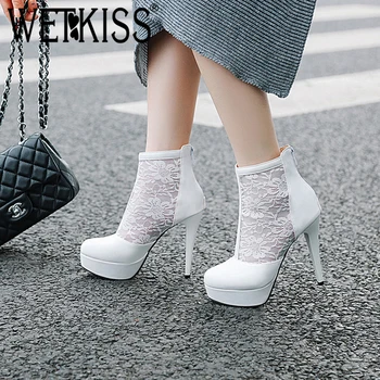 

WETKISS Lace Thick Platform Women Ankle Boots Round Toe Stiletto Heel High Shoes Fashion Simple Female Bootie Non Slip Zip Shoes