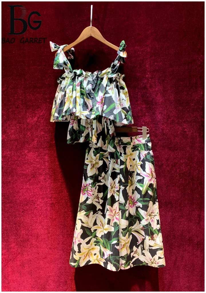 

Baogarret High-End Custom Runway 100% Cotton Two Piece Set Bow Camis Tops + Wide Leg Pants Elegant lily Flower Print Pants Suits