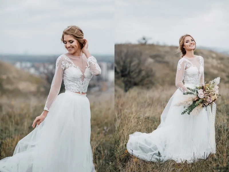 

2019 Bohemian Wedding Dresses Jewel Long Sleeve Lace Appliques Bridal Gowns Boho Vestidos De Noiva Country Wedding Dress