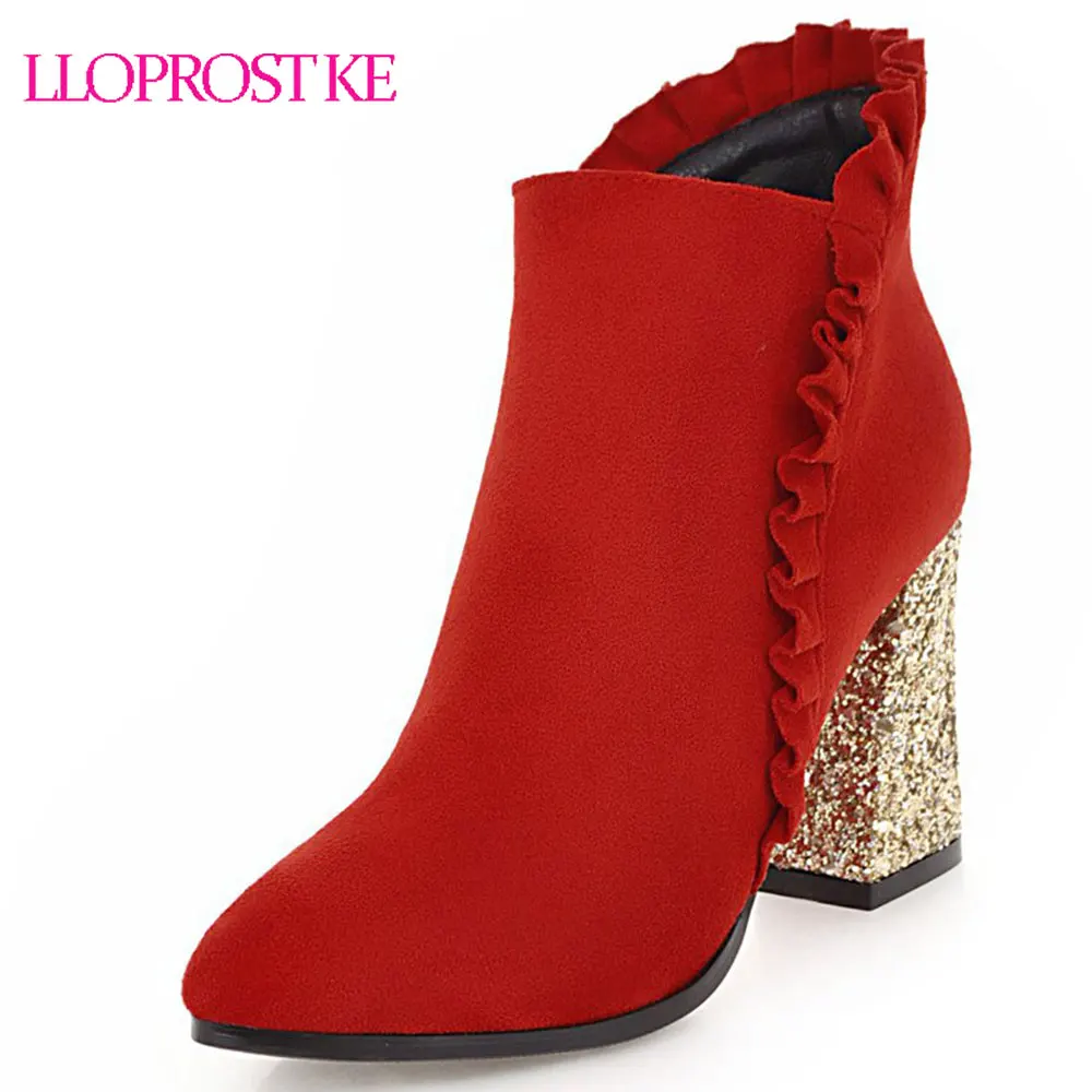 

Lloprost ke Women High Heel Boots Side Zipper Short Boots Thick Heel Pointed Shoes Women Winter Ankle Boot Women Footwear D227