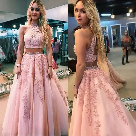 

Two Pieces Prom Dress with Keyhole Back Crop Top
