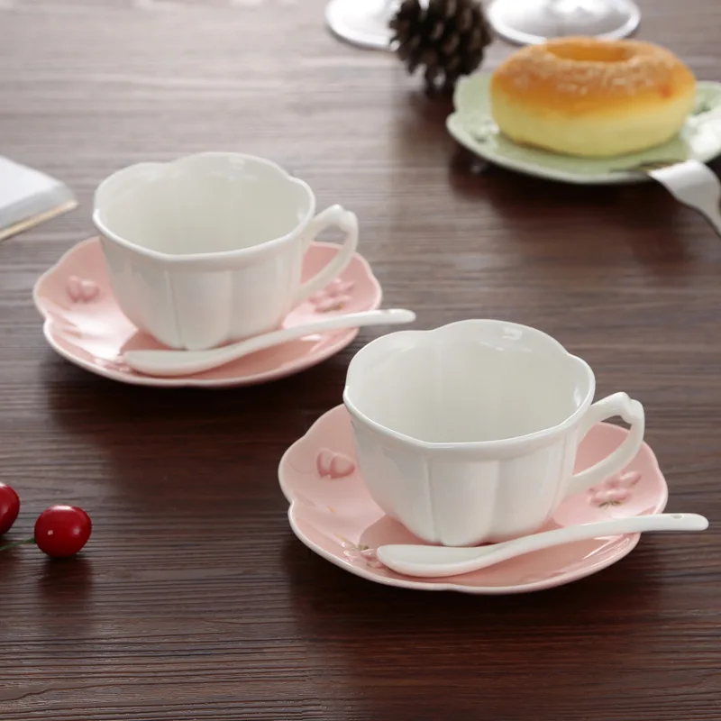 Чай чашки набор Кофе чашка керамики кружка конфеты цвета Простой британский день лепесток японский Стиль Sakura Форма Кофе 6 шт./компл - Цвет: pink