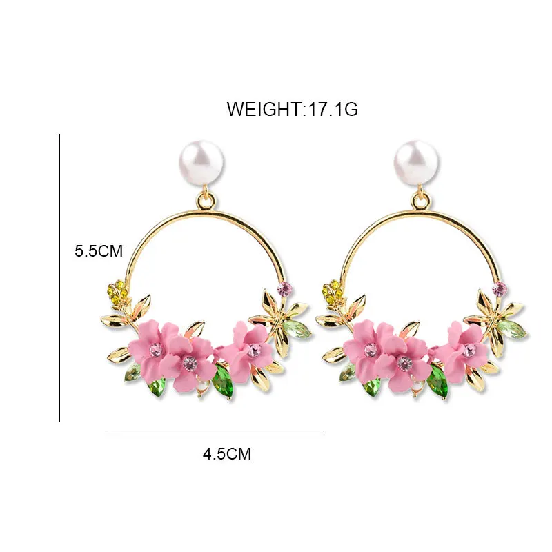 Trendy Cute Pink Flower Earrings For Women Girls Jewelry Female Rhinestone Gold Metal Round Circle Drop Earrings Gifts Brincos