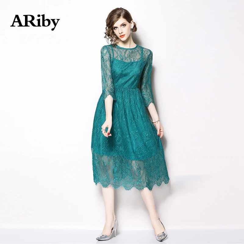 Women Dress Plus Size Party Club Lace Dress 2019 Temperament Retro Hollow A-Line Solid Three Quarter Sleeve Empire O-Neck Dress