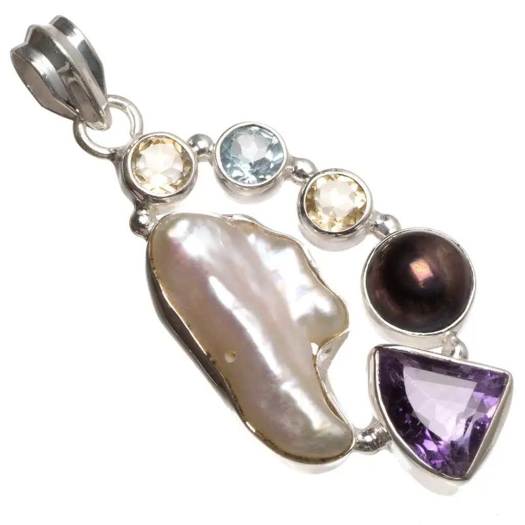 

Natural Biwa Pearl,Amethyst,River Pearl,Citrine and Blue Topaz 925Sterling Silver Pendant 2" T0384