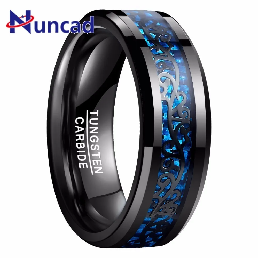 

New Plating inlaid Black Vine Pattern Tungsten Steel Ring for Men Wedding Blue Carbon Fiber Knuckle Ring For Male Accessory