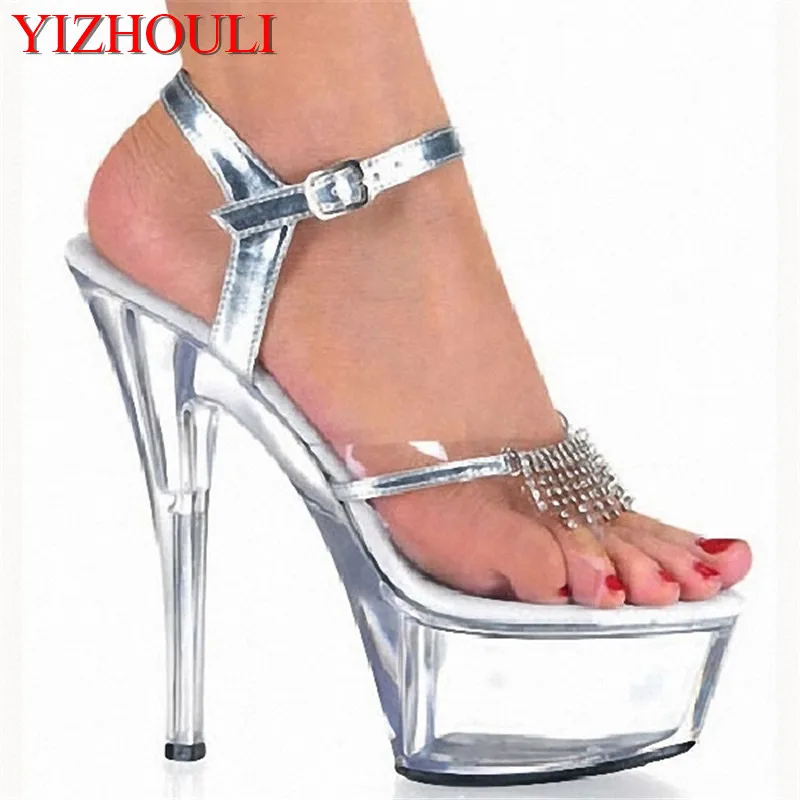 

New Design Women's Sexy Transparent Sandals Thin Heels Shoes 15cm High Heels Silver Wedding Shoes Crystal Dance Shoes