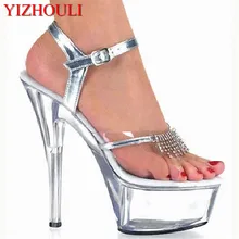 Новые дизайнерские женские пикантные прозрачные босоножки Туфли на тонком каблуке свадебные туфли на высоком каблуке 15 см серебристого цвета обувь для танцев с кристаллами