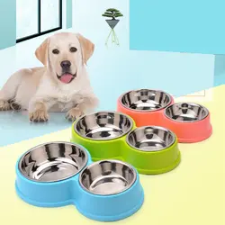 Собака с двумя чашами из нержавеющей стали, для щенков Еда подачи воды из милых домашних животных; миска для воды кормушка для домашних
