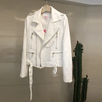 

HAMALIEL Spring Women Jacket Coat 2019 White Lace Zipper Pearl Long Sleeve Baseball Coat Female Casual Turn Down Collar Coats