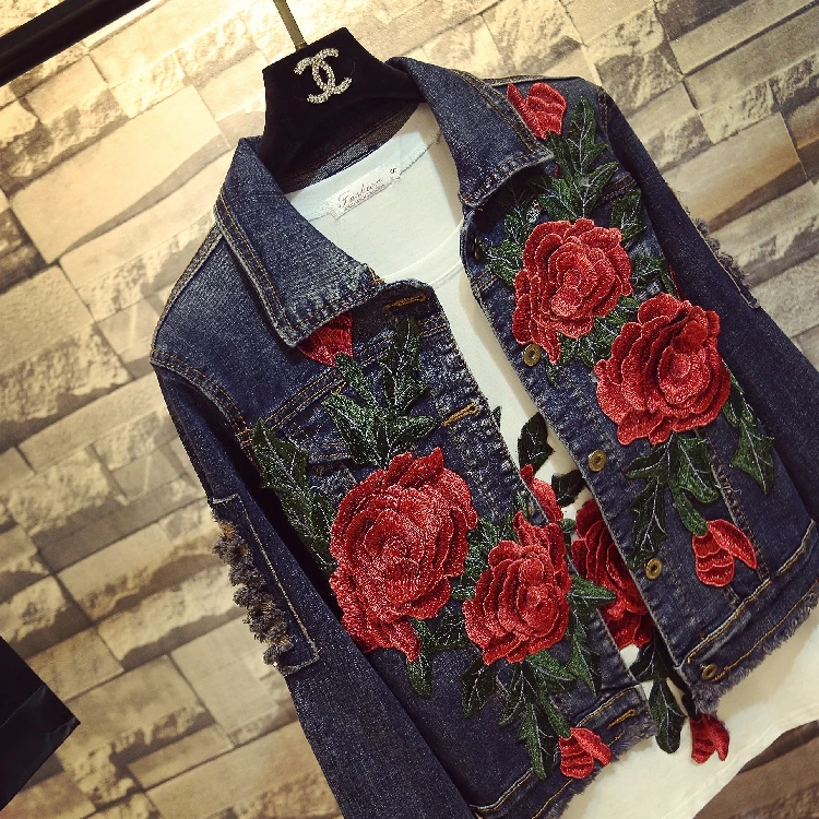 Finest  2018 Spring Autumn New Women's Embroidery Red Rose Short Denim Jacket Coat Hole Long Sleeve Skinny 