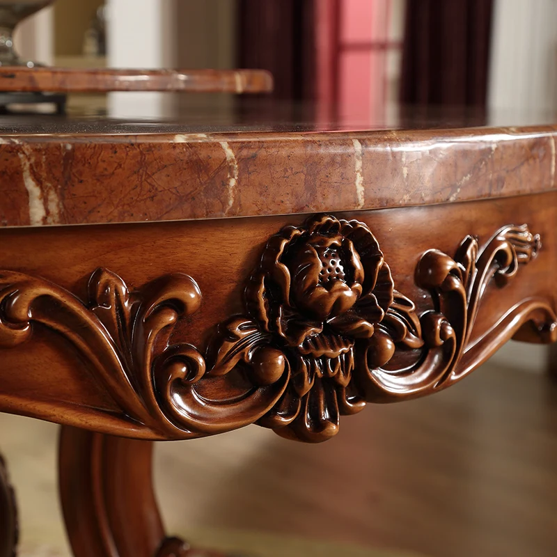 European Style Solid Wood Carved Round Marble Table With 6 Chairs