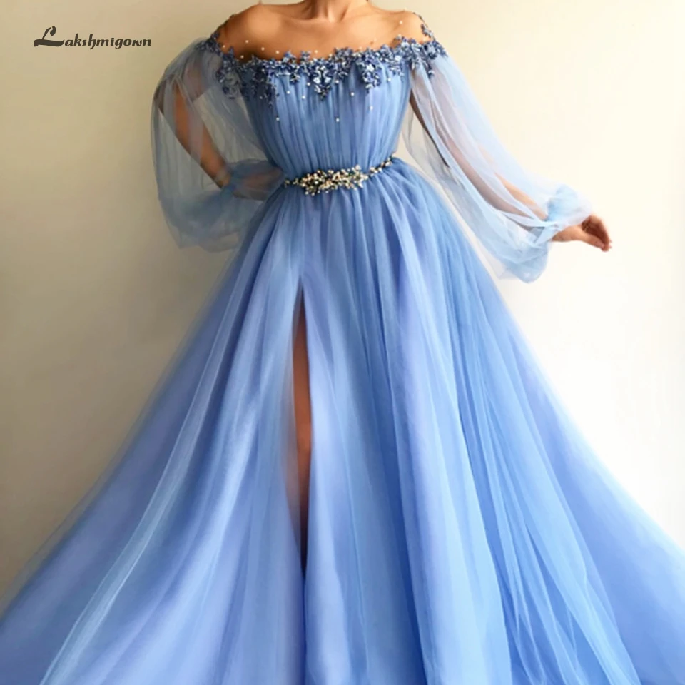 Lakshmigown, вечернее платье с открытыми плечами, синее,, сексуальные арабские женские платья для выпускного вечера, вечерние платья с длинным рукавом, вечернее платье с разрезом по бокам