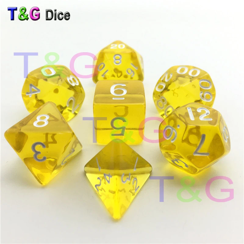 T & G DICE 7 шт./лот высокое качество желтый прозрачные кости D4, d6, d8, d10, d10 %, d12, d20 комплект игры rpg dice