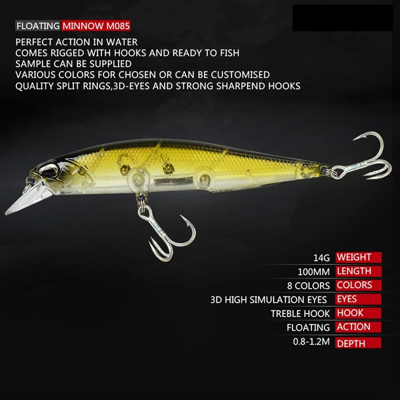  8Pcs Minnow Fishing Lures Set 14g 110mm 0.8-1.2 Depth Full swimming layer Long Casting Minnow Float