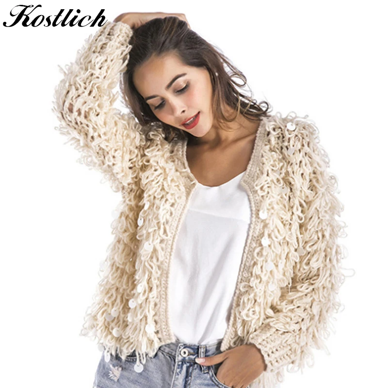 Kostlich Sequined Knitted Sweater Women Cardigan Autumn Winter Long