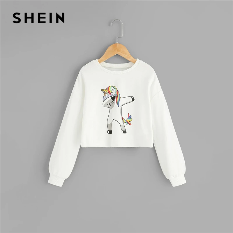 

SHEIN Kiddie White Cartoon Print Girls Casual Sweatshirts Kids Clothing 2019 Spring Long Sleeve Pullover Children Cute Tops