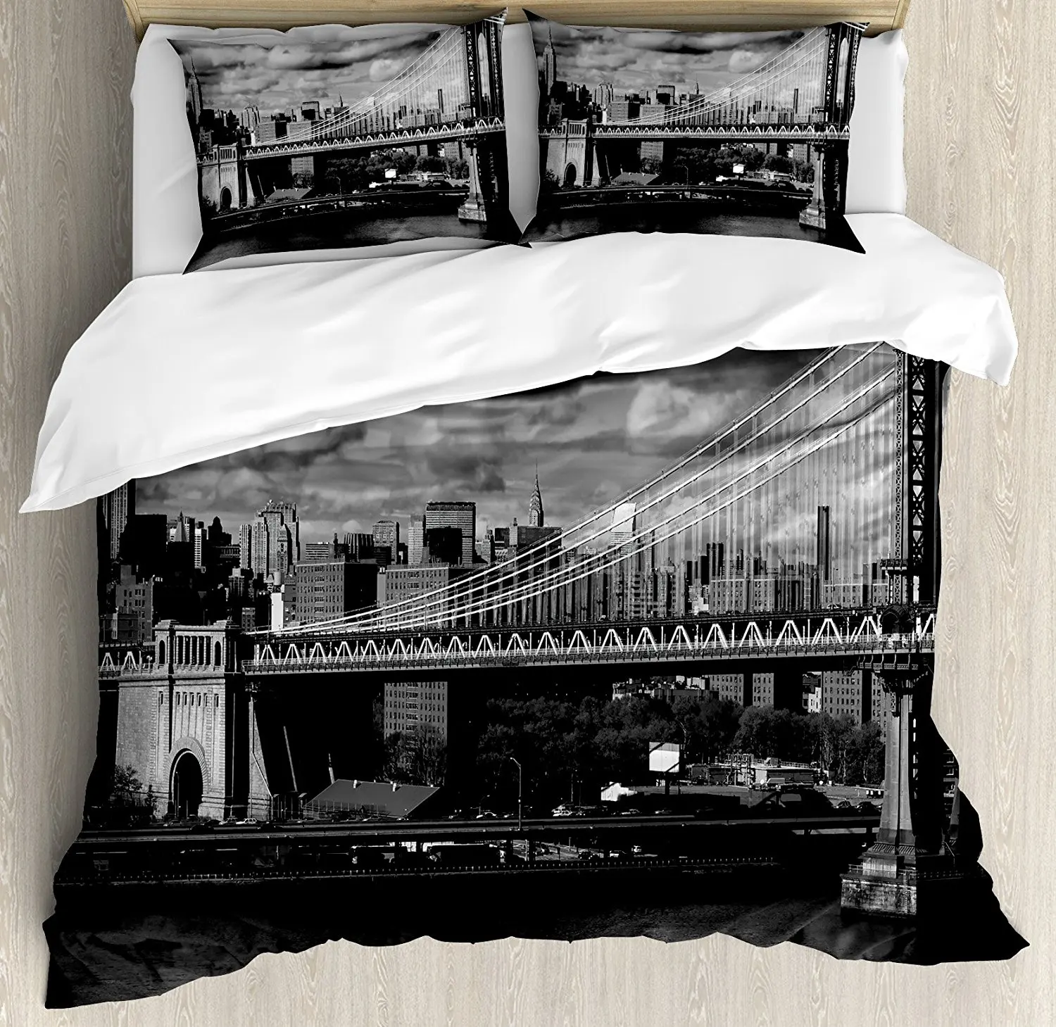 New York Duvet Cover Set Cityscape of Brooklyn Bridge and Manhattan