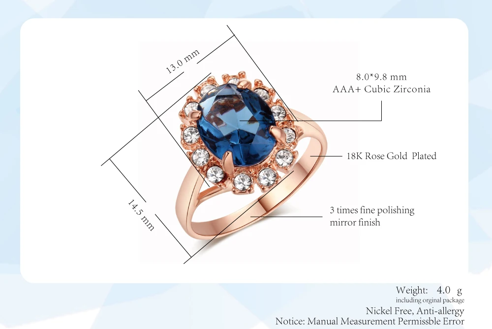 Высокое качество розовое золото цвет синий CZ кубический цирконий кольцо Bague Мода кубический цирконий юбилей ювелирные изделия для женщин anel R189