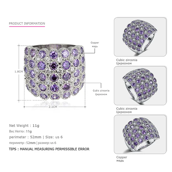 eManco 8 Цвет Популярные Роскошный классический коктейль кольца для женщин и дам фиолетовый Блестящая Цирконий Copper Finger ювелирные изделия - Цвет основного камня: Silver Purple