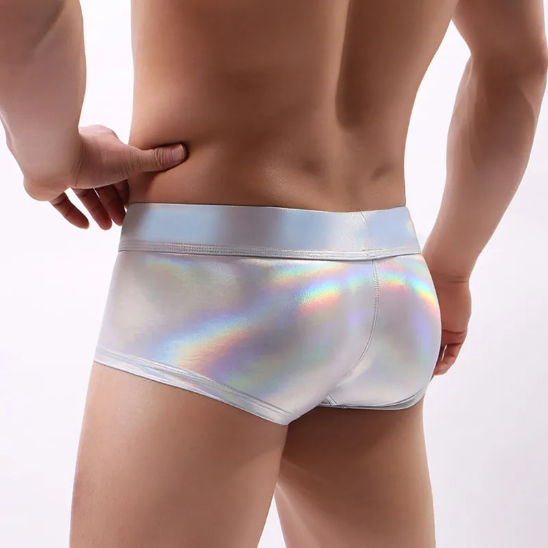 Men Boxer Shorts Sexy Male Low Rise PU Leather U Bulge Underwear Gay Party Club Boxers Shorts Bikini Underpants Cueca