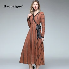 S-XXL Big Size A-Line Vintage Dress Women V-neck Long Sleeve Midi Party Dress Women Striped Casual Dress Winter 2018 Vestidos stylish round neck long sleeve voile spliced a line women s dress
