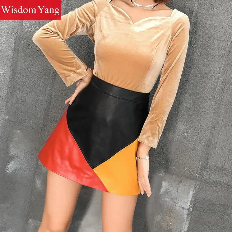 Autumn Patchwork Real Sheepskin Genuine Leather Skirts Womens High Waisted Mini Club Sexy Party Ladies Aline Wrap Skirts