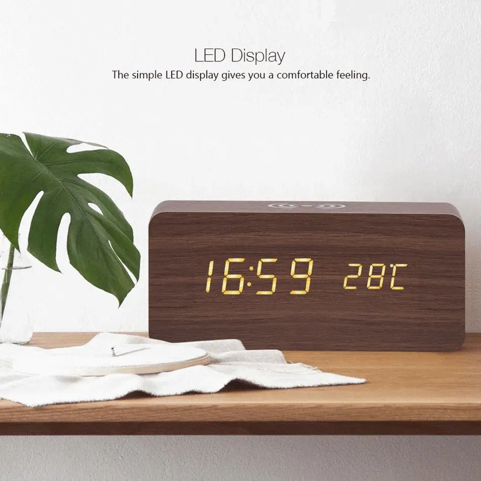 Digoo DG-AC80 Wireless charging Wooden Clock Tempreture Weather Station LED Display Voice Control Alarm Clocks for Smartphone