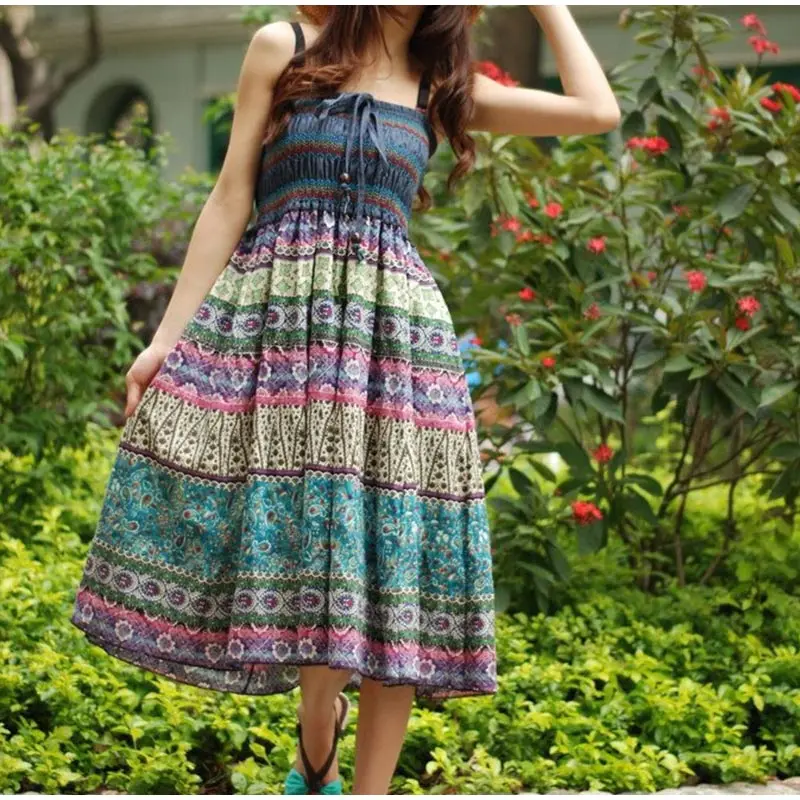 Женская длинная юбка в богемном стиле с высокой талией и цветочным принтом, эластичная плиссированная трапециевидная винтажная Женская юбка с поясом, летняя модная одежда